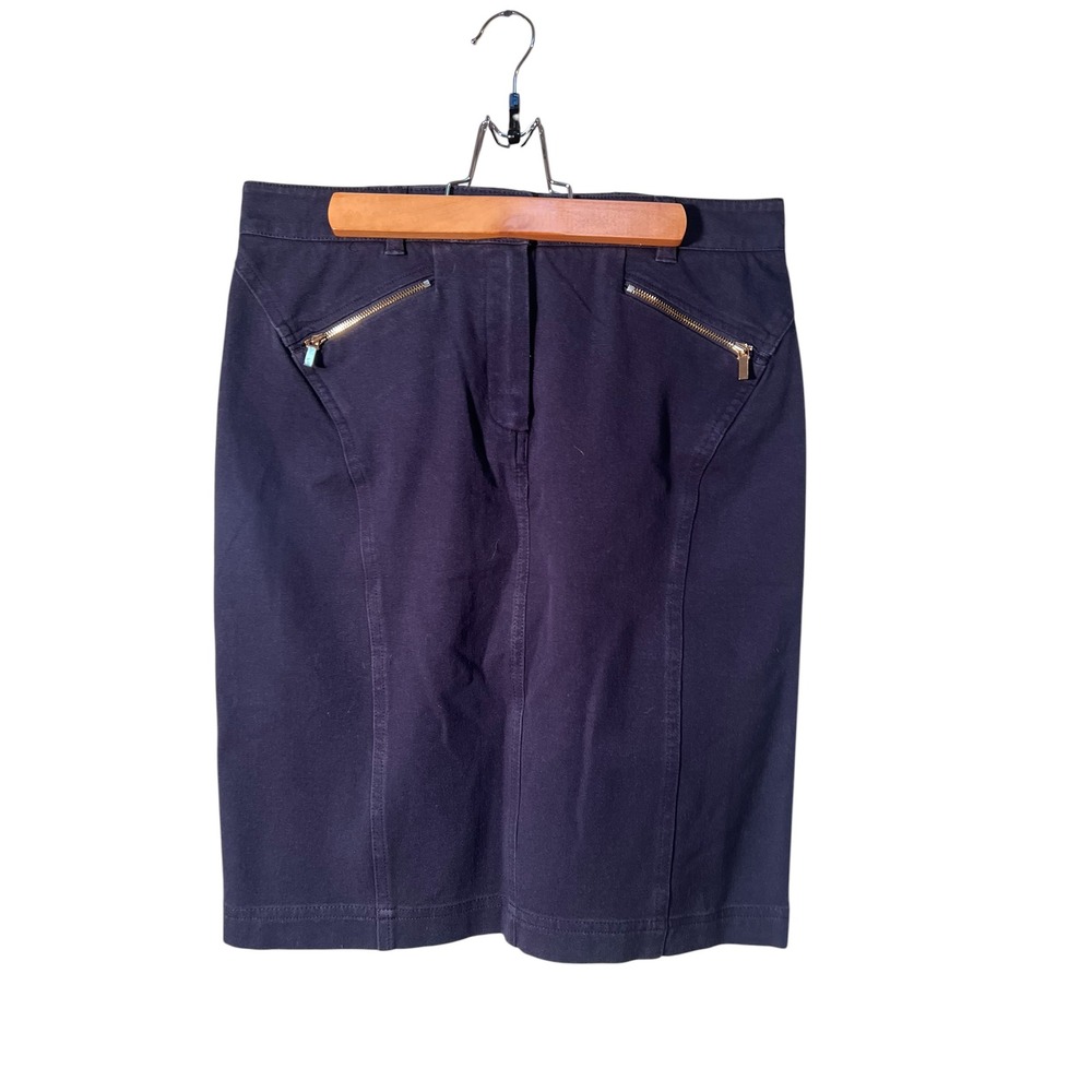 Jones New York Women's Size 4 Chino Pencil Skirt Navy Blue Gold Zippers Stretch
